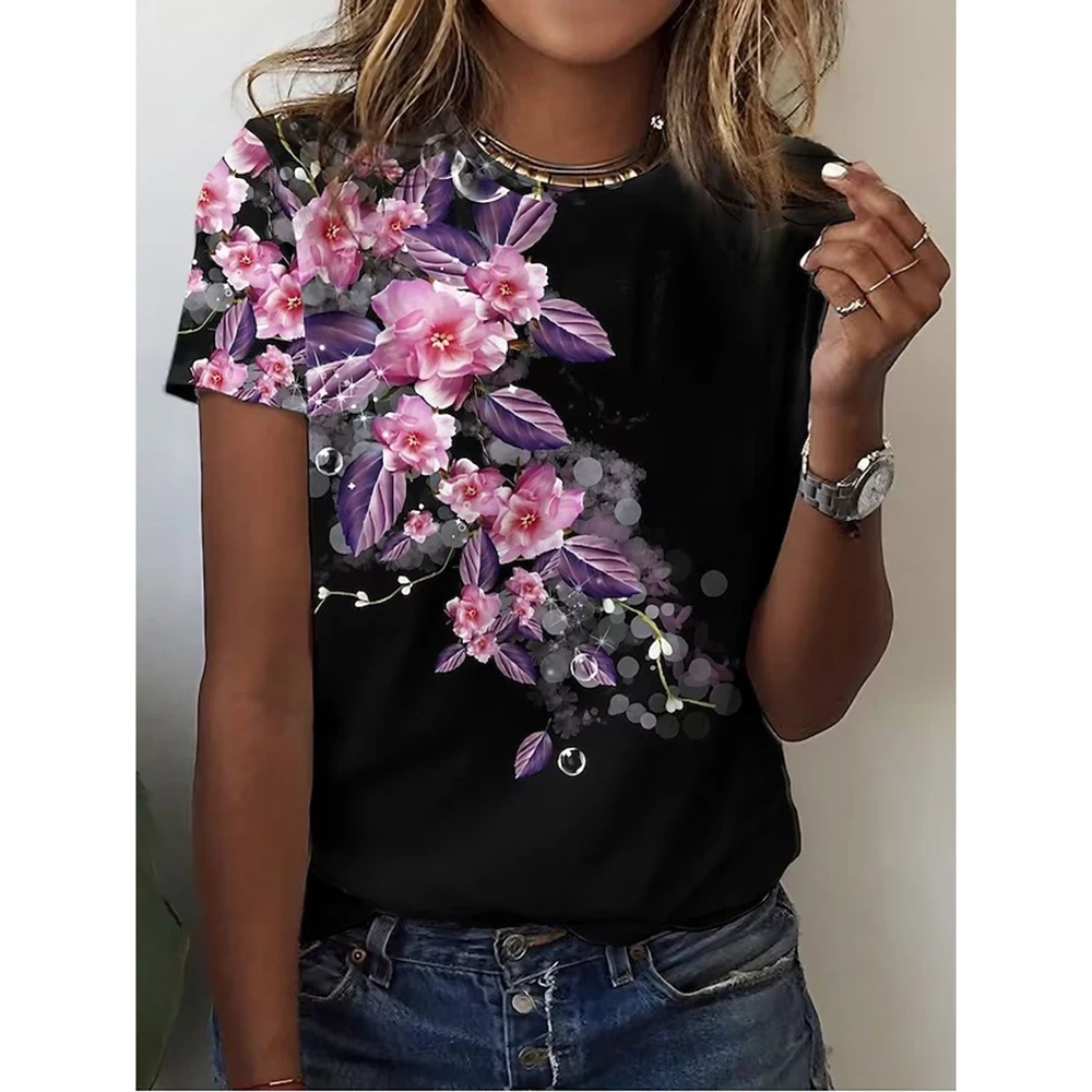 T-shirt à manches courtes et col rond pour femmes, motif floral, haut tendance, vêtements de fête, été, nouveau, 2024