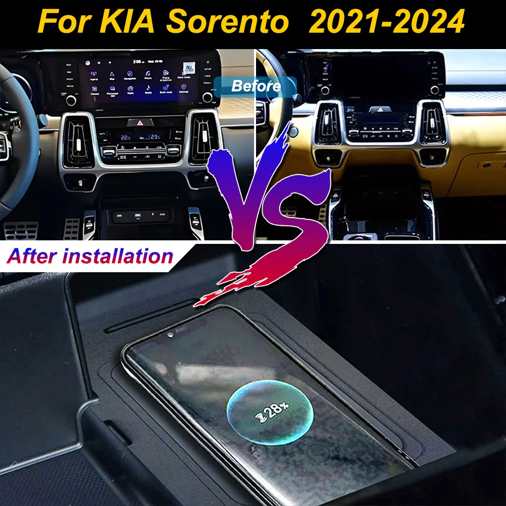 Carregador sem fio 2 Din para KIA Sorento 2021-2024, carregador de celular para console central com suporte para armazenamento, placa de carregamento 