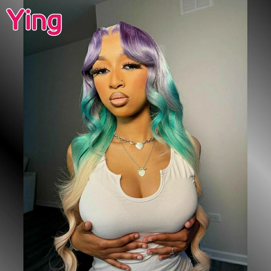 Highlight Purple With Green 13x4 13x6 Lace Frontal Wig Body Wave Human Hair Wigs Ready Go Prepluck Brazilia 5x5 Lace Closure Wig