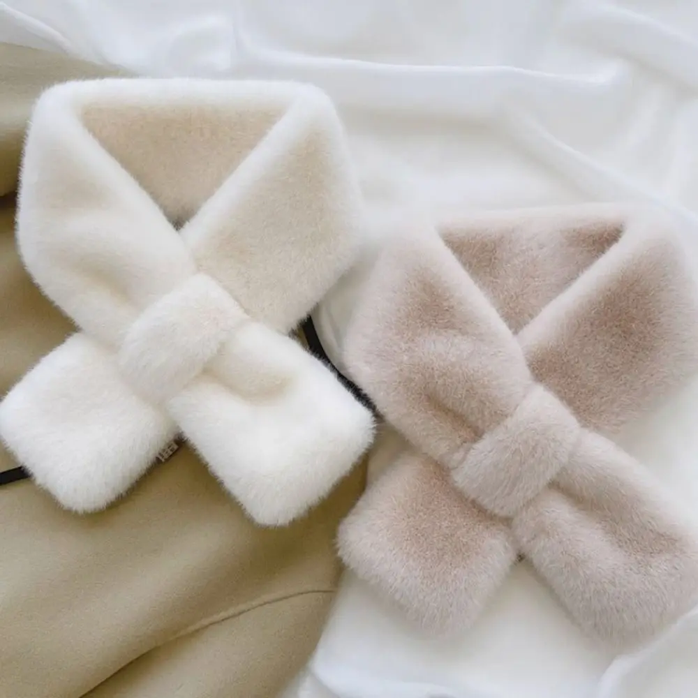 Fashion Thick Scarf Windproof Solid Color Warm Scarf Faux Rabbit Fur Cross Neck Scarf Gift