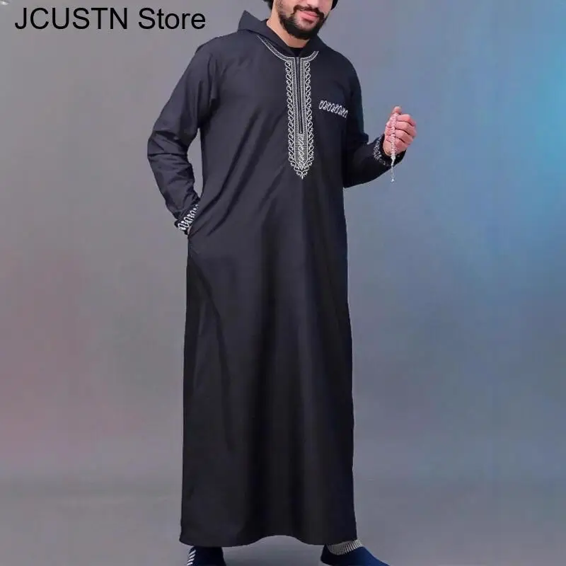 2025 Muslim Men Dress Ethnic Style Embroidered Long Sleeve Stand Collar Kaftan Islamic Clothing Men's Luxury Elegant Hooded Robe