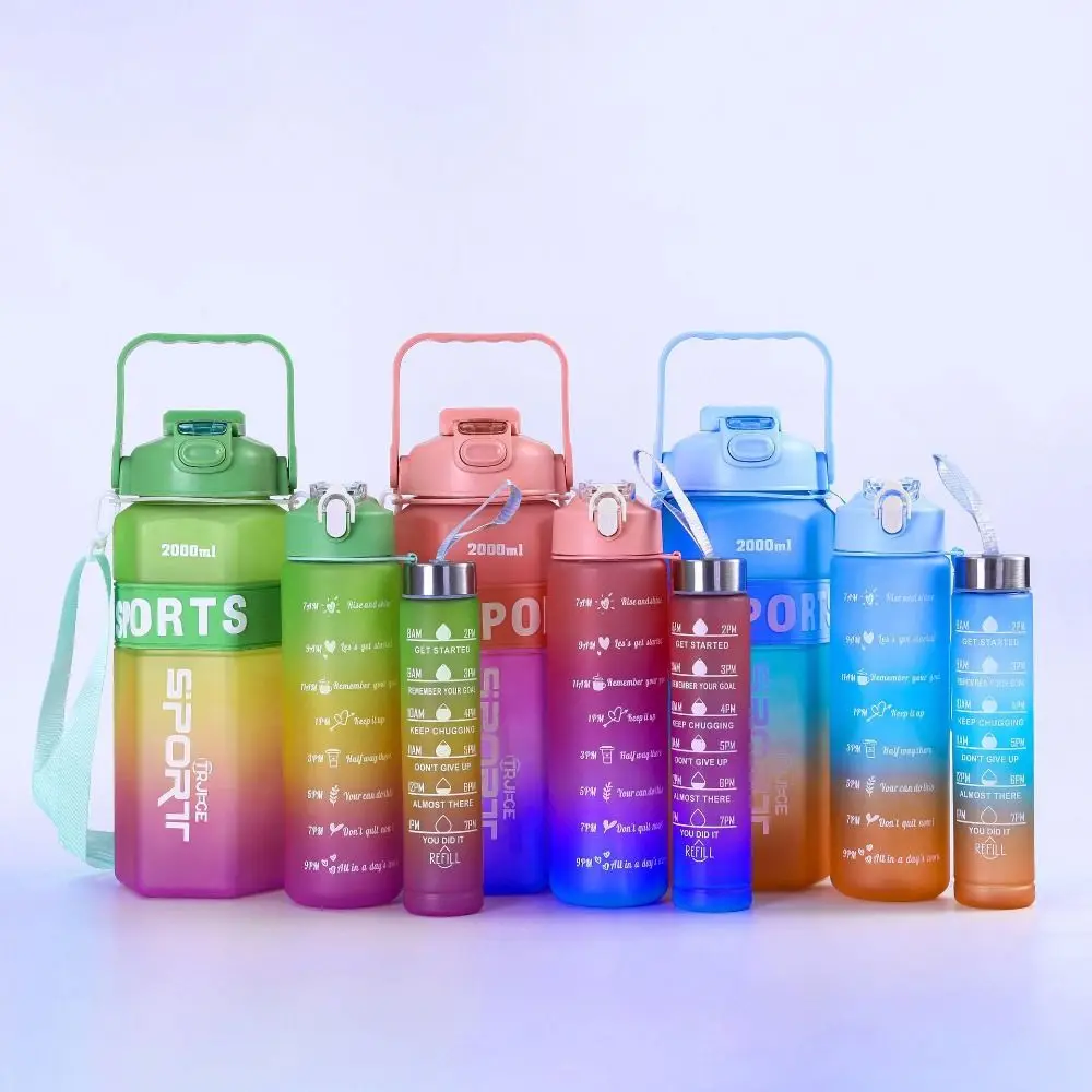 Three Piece Set Sports Water Bottle Set Hexagon Frosted Leak Proof Colorful Cup Gradient Color with Straw Fitness Sports Kettle