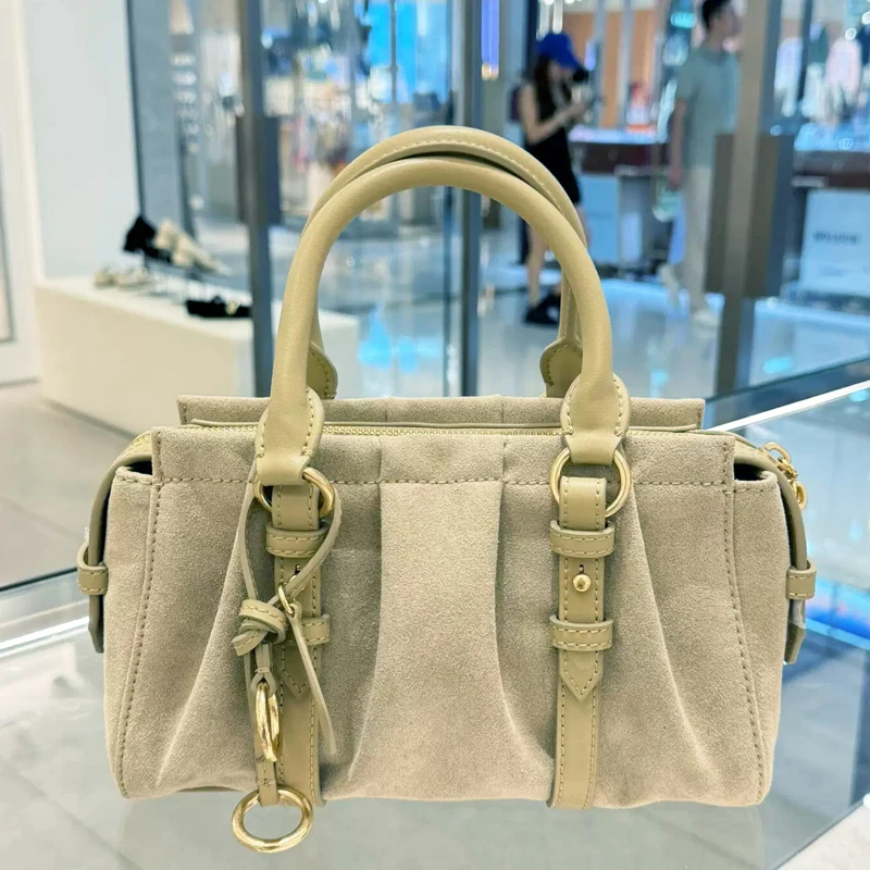 

Casual Faux Suede Box Bags For Women Luxury Designer Handbag And Purse 2026 New In PU Letter Ruched Top Handle Underarm Shoulder