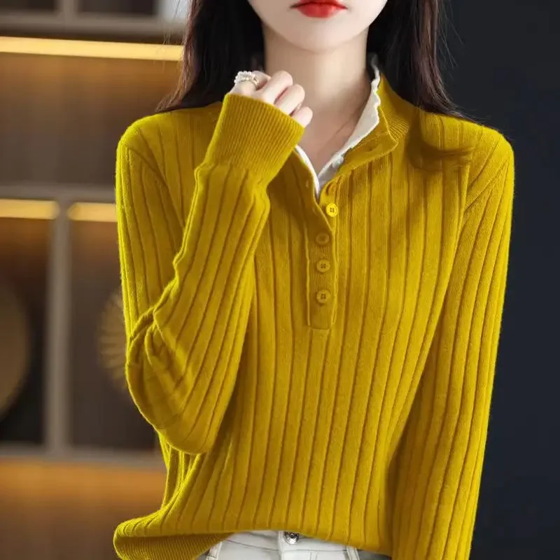 

New spring Winter Wool Sweater Women Fake Two Piece Stand Collar Knitted Pullover Korean Slim Femme Jumper Casual Wild Knit Tops