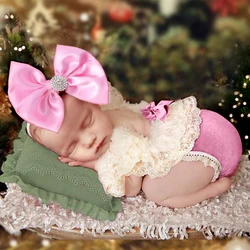 Ylsteed Newborn Girl Lace Romper for Photoshoot Baby Big Bow Rhinestone Hairband Infant Photography Outfit Picture Props