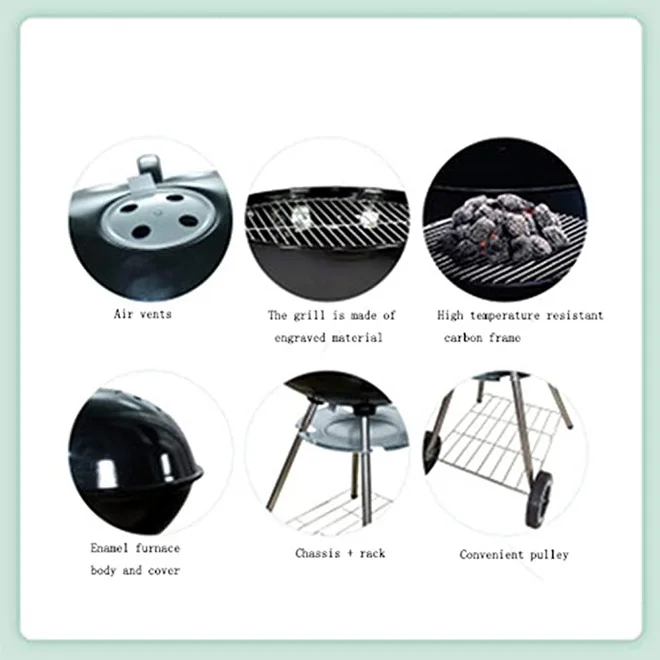 Portable Charcoal Grill 22 Inch BBQ Grill Round BBQ Kettle Trailing Steel Cooking Grill Outdoor Picnic Yard Backyard