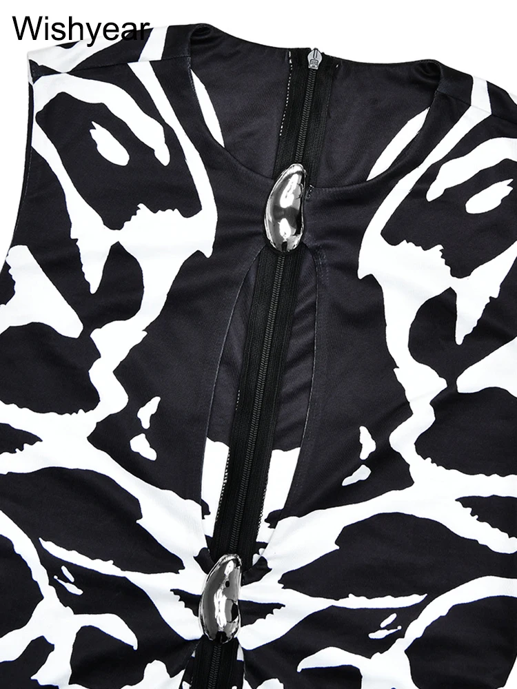 Wishyear sukienka z nadrukiem dla kobiet moda czarna O Neck bez rękawów obcisłe sukienki z wycięciem seksowna impreza urodzinowa bal Clubwear 2025