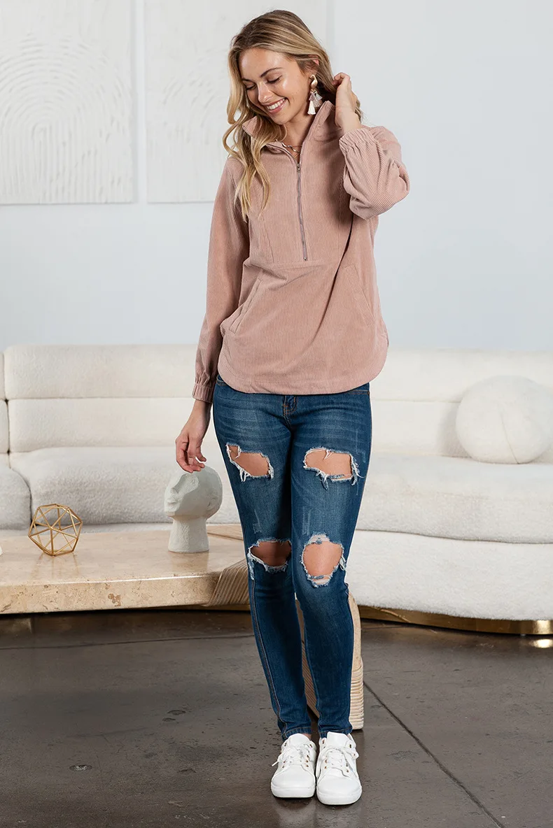 Women's Monochromatic Stand Collar Sweatshirt, Long Sleeve, Pocketed Ribbed Top,  Zipper Pullover, Loose Hoodie, Autumn, Winter,