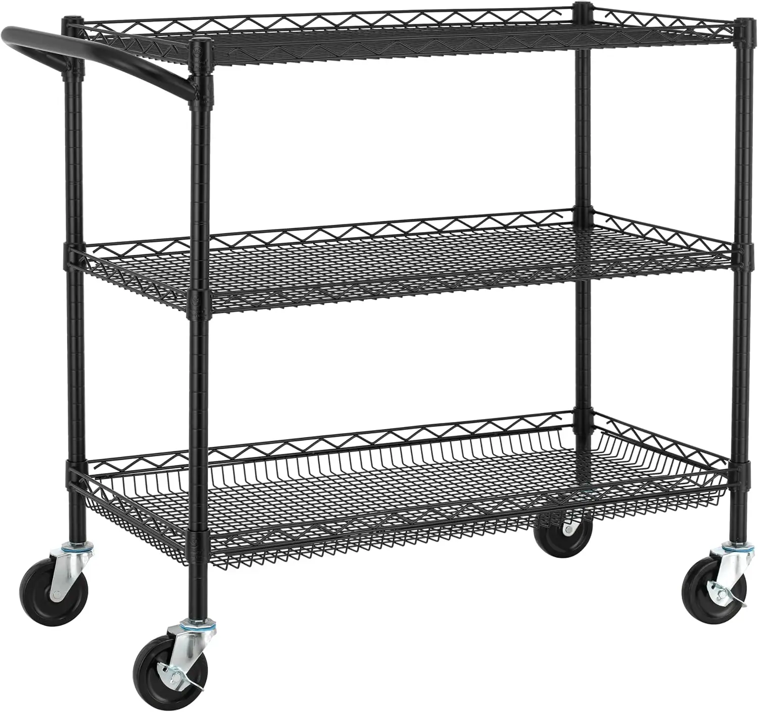 

3 Tier Heavy Duty Commercial Grade Utility Cart, Wire Rolling Cart with Handle Bar, Steel Service Cart with Wheels