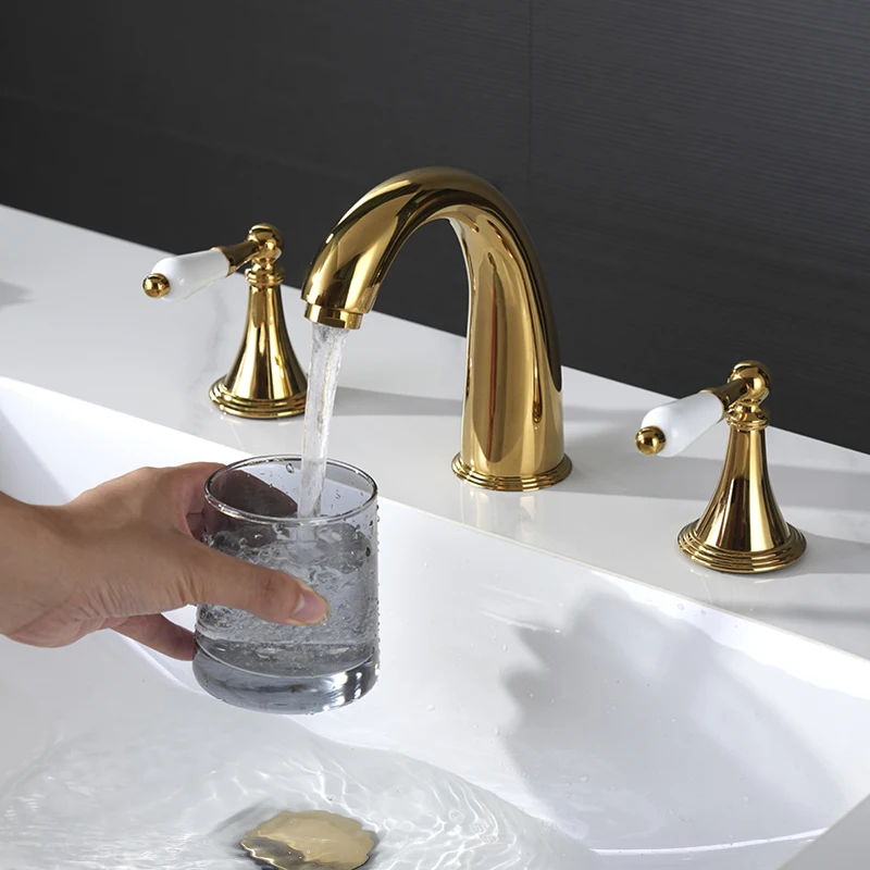 

Bathroom Washbasin Mixed Faucet 3 Hole Ceramic Double Handle Sink Faucet Cold and Hot Mixer Basin Faucet Gold