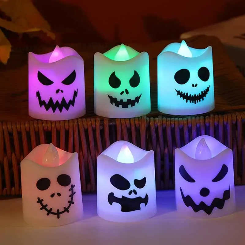 6pcs Halloween LED Candles Battery Operated Flameless Flickering Tea Lights Color Changing Votive Ghost Face Decor,Party Home