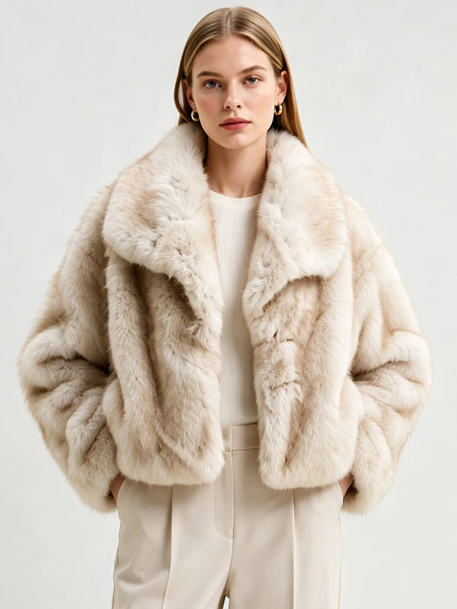 LIMO Women  Faux Fur Jacket  Lapel  Front Long Sleeve Cropped Plush Fluffy Warm Winter Luxury Elegant Daily Outerwear Coat