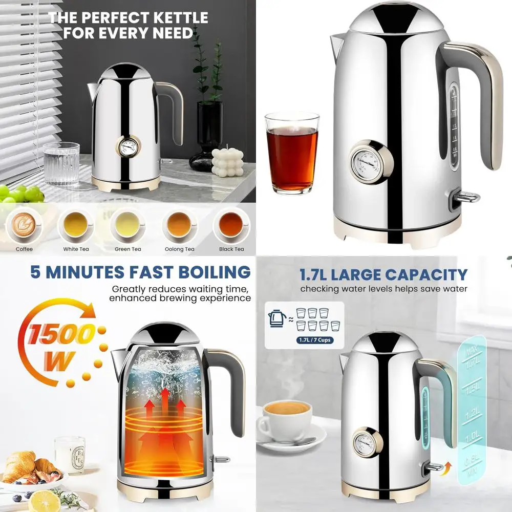 

1500W Stainless Steel Electric Kettle, 57oz Capacity, Thermometer, Fast Heating, Cordless, LED Indicator, Auto Shut-Off & Boil D