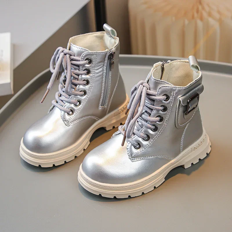 

Autumn Winter Children Leather Boots Girls Silver High-top Boots Princess Side Buckle Design Leather Shoes Kids Warm Cotton Boot