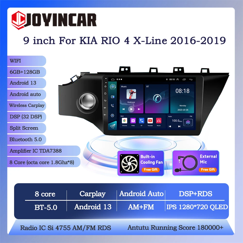 Joyincar 9'' Android 13 For Kia RIO 4 X-Line 2016-2019 Car Multimedia Player Auto Radio Automotivo GPS Navigation Stereo Carplay