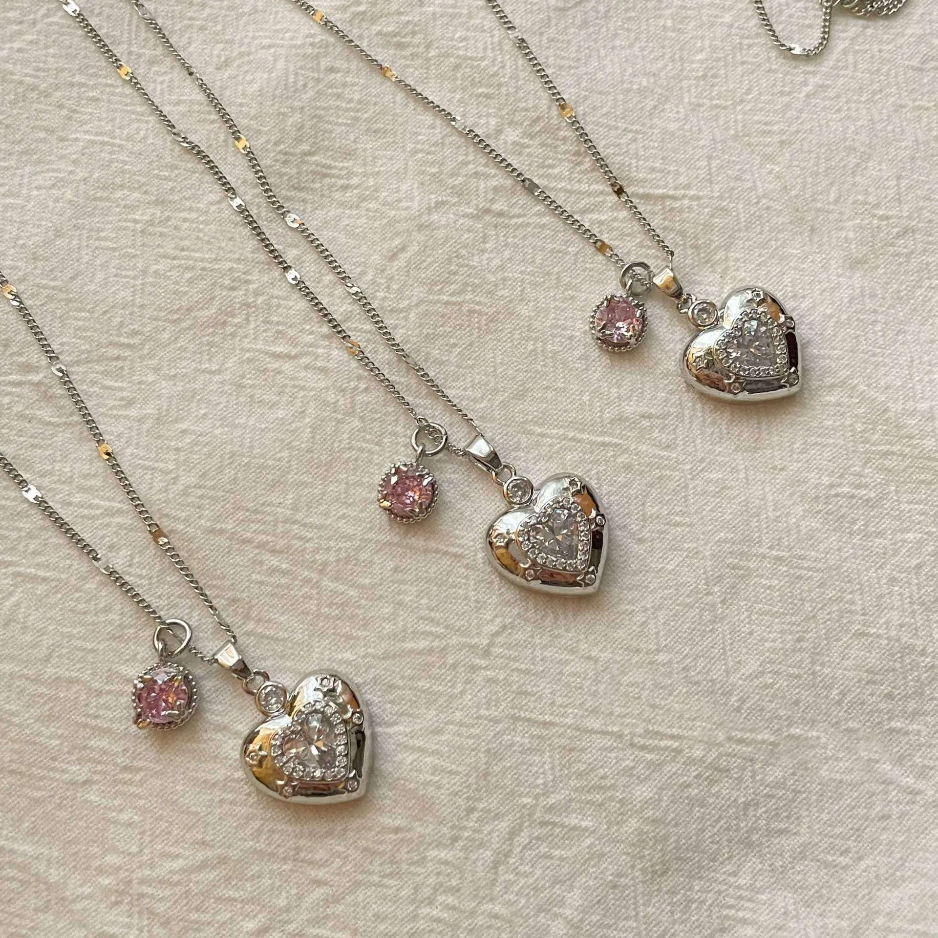 Sparkling starlight love double pendant necklace sweetheart pendant romance pink heart neck chain