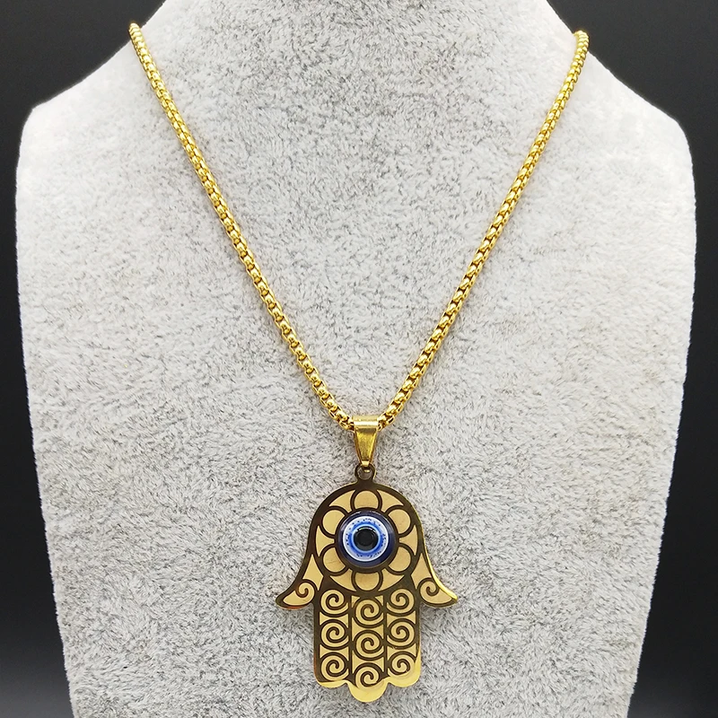 Blue Turkish Demon Eye Hamasa Hand Stainless Steel Hand of Fatima Necklace Women Men Necklace Jewelry collares mujer N1139S02