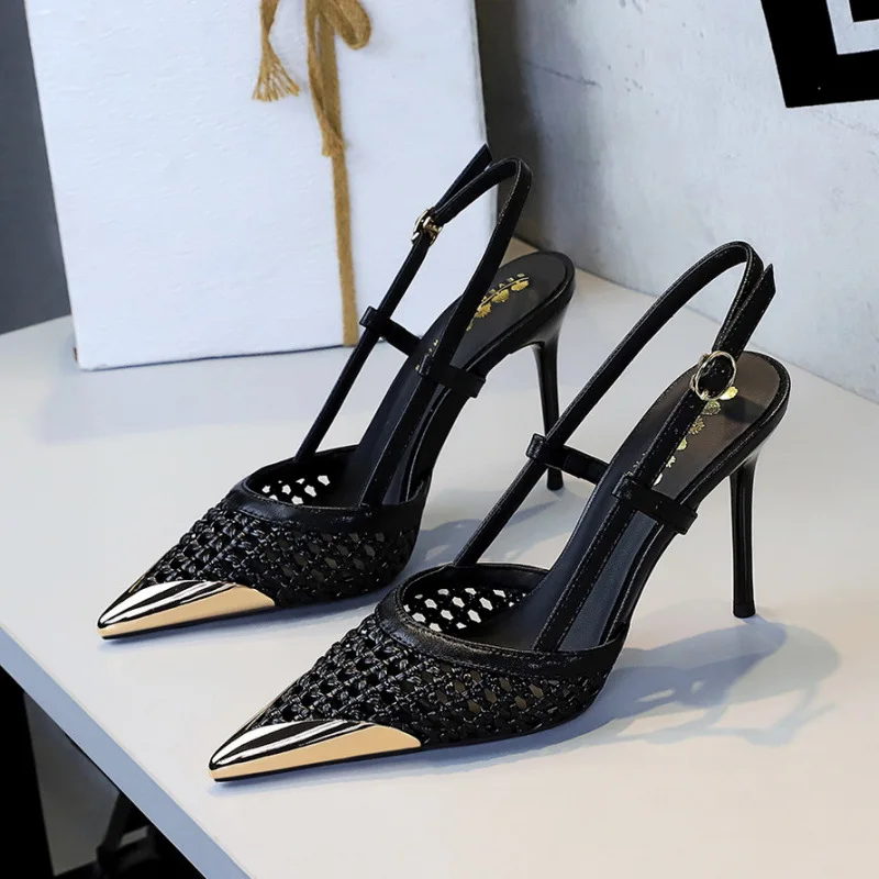 New Fashionable Hollow Weaving Fine Heel Sandals with Women's High Grade, Metal Pointed Straight Strap High Heels