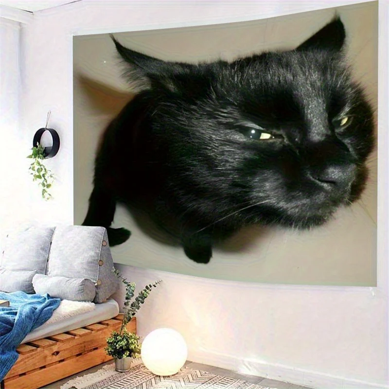 Funny Black Cat Emoji Tapestry Fun Internet Celebrity Decorative Cloth Bedhead Dormitory Live Room