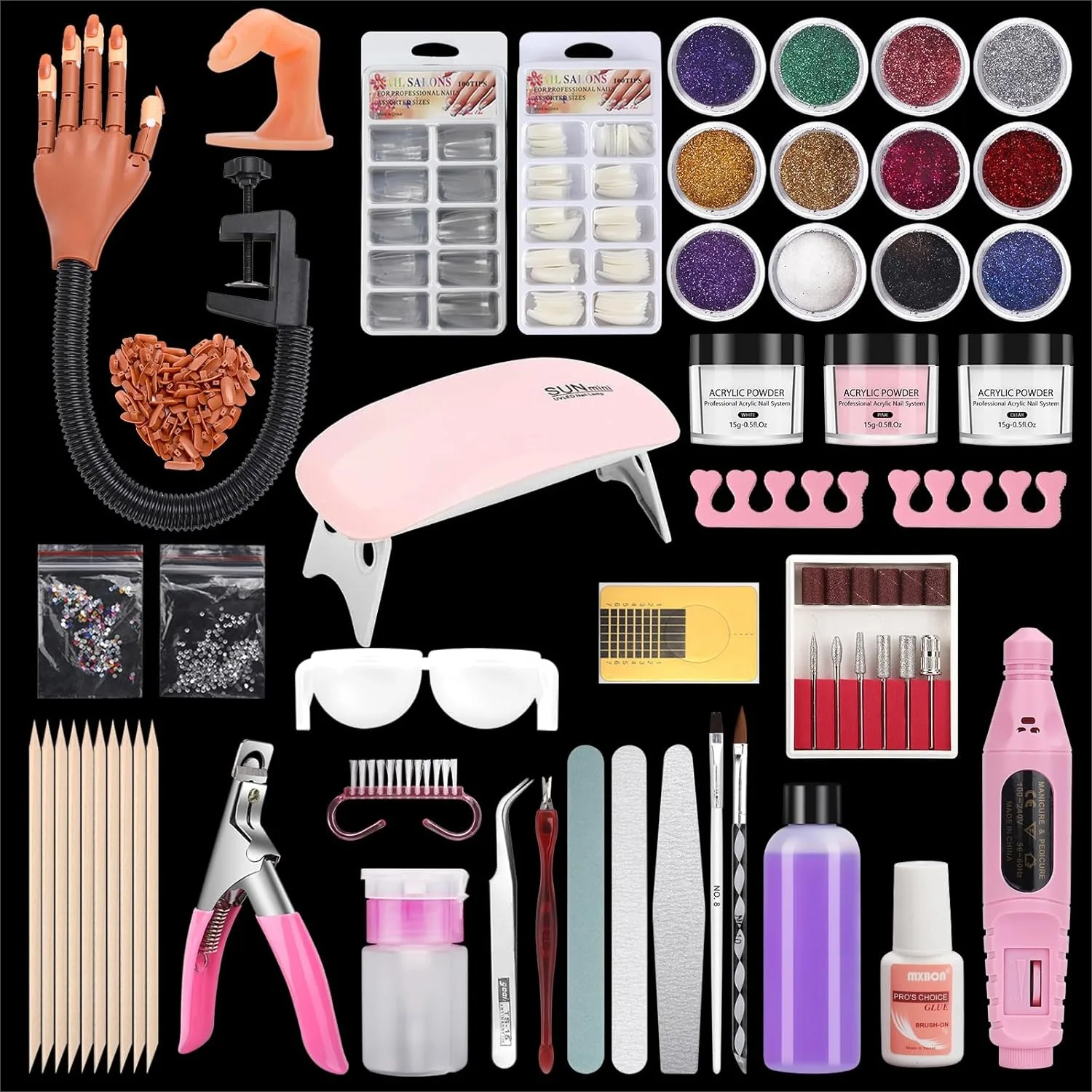 Nail Practice Hand for Acrylic Nails, Flexible Training Kits with Movable Fake Hand, Nail Drill, Lamp, 12 Colors Acrylic Powder