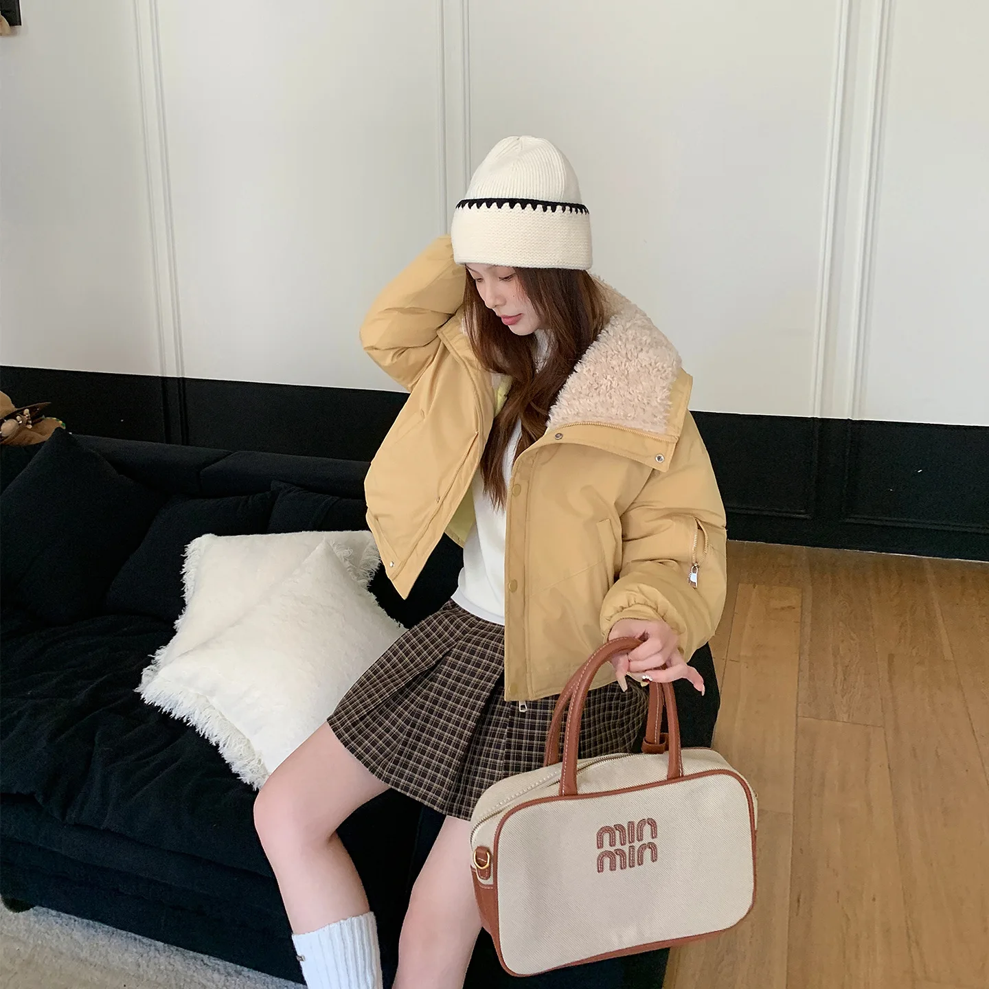 Women Short Parkas Coats Solid Jacket Zipper Pocket Turn Down Collar Long Sleeve Loose Fit Casual Office Lady 2025 Autumn Winter