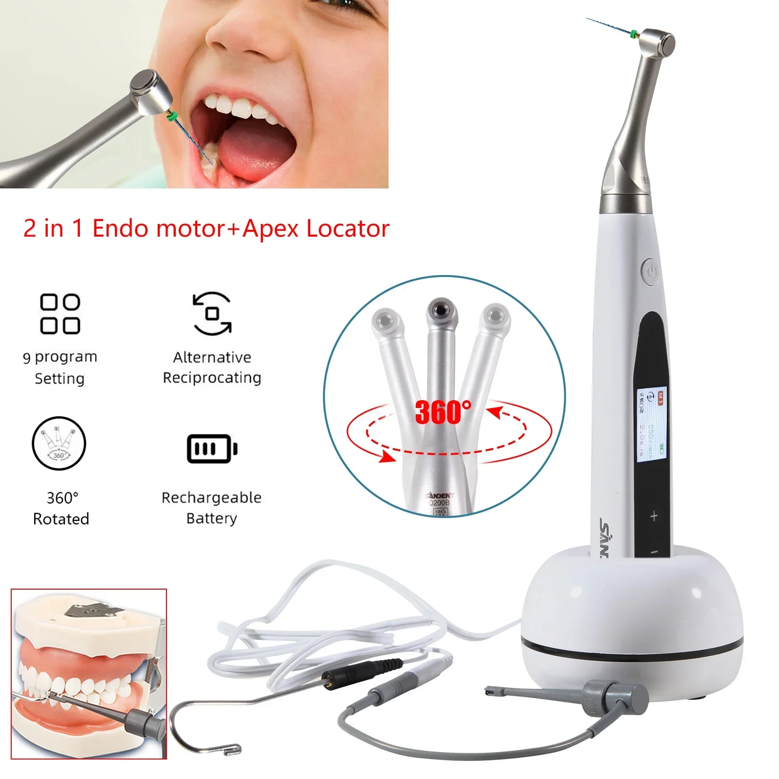 Den tal 2In1 Wireless Endo Motor with Built-in Apex Locator 16:1 Reciprocating Contra Angle Root Canal Treatment Woodpecker Styl