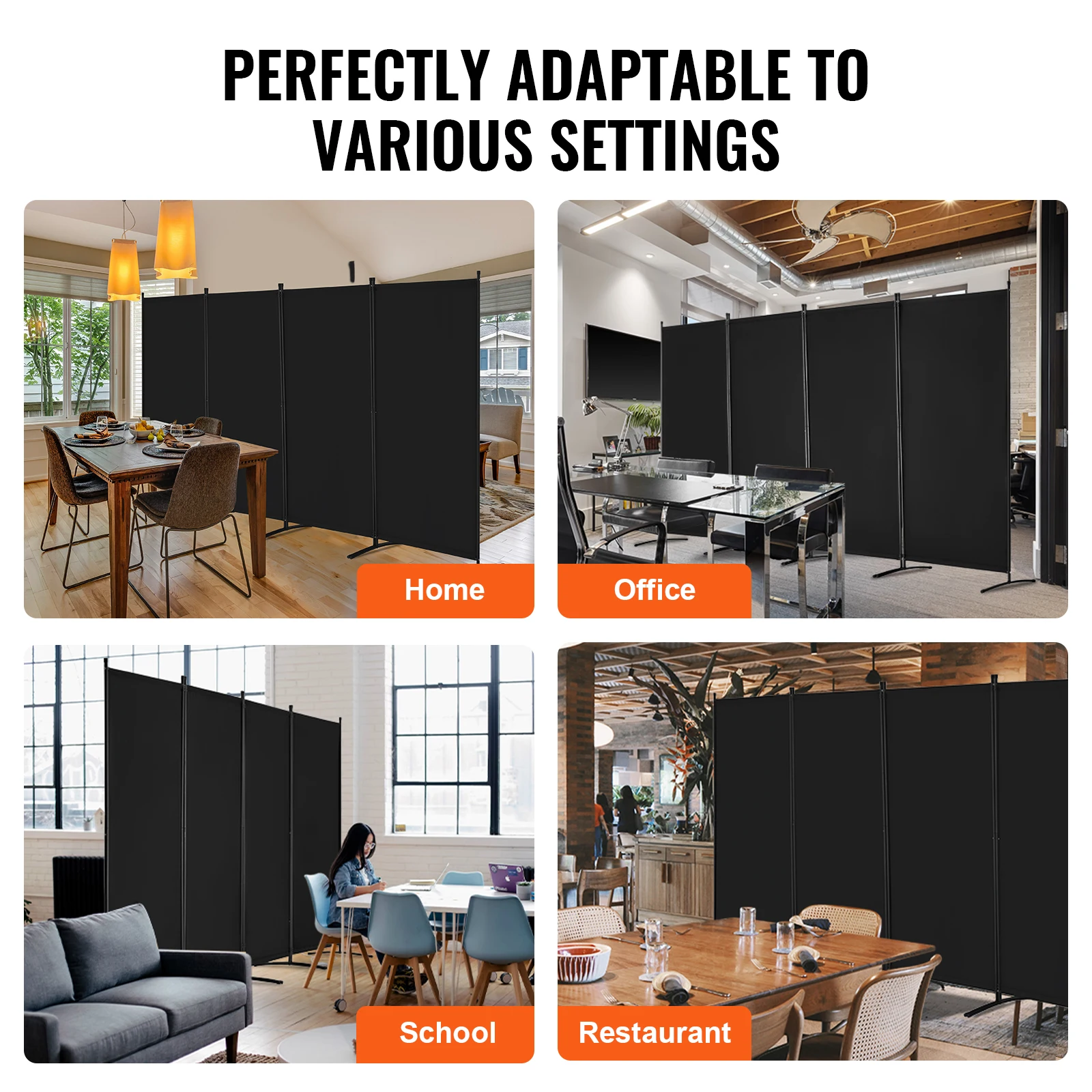 VEVOR Biombo Separador de Ambientes de 3464 x 1840 x 520 mm, Separador Plegable de Ambientes de 4 Paneles Mampara de Privacidad para Interiores, Separador de Ambientes para Oficina, Dormitorio, Negro