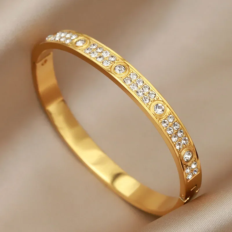 Stainless Steel 18K PVD Plated Classic Crystal Bracelets for Women Fashion Brand Jewelry Elegant Golden Bangles Accessories view 5