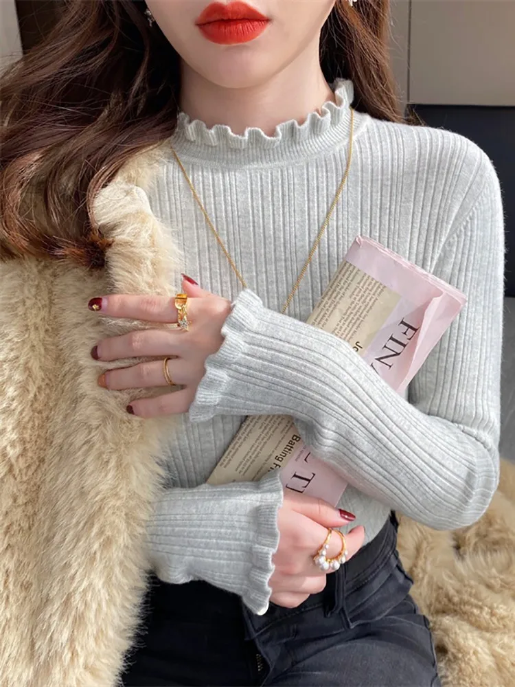 Sweter z golfem damski moda 2025 nowe elastyczne topy damskie dzianinowe pulowery z długim rękawem sweter dzianinowy bazowy