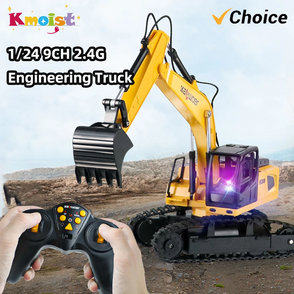 RC Car Construction Excavator Toy with Lights and Sound 9CH 2.4G Remote Control 1/24 Engineering Truck Toys for Boys Kids Gifts