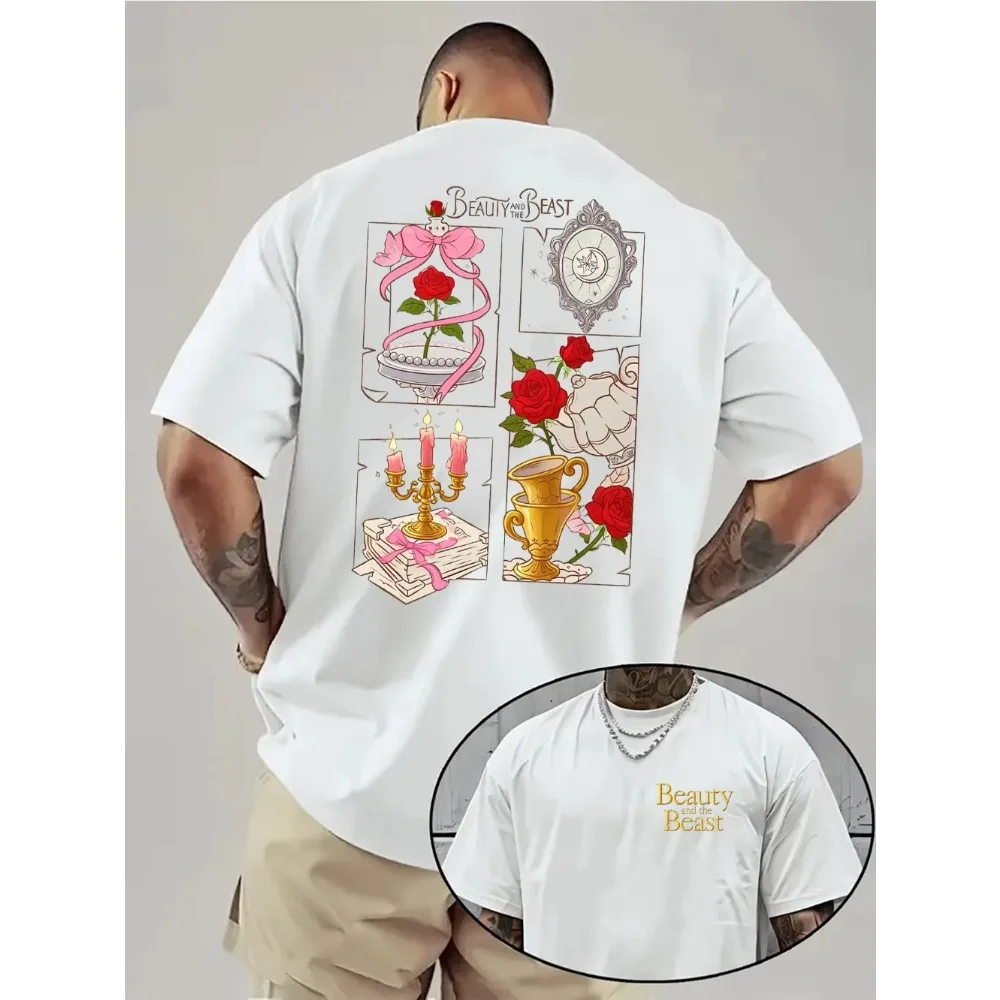 Camiseta con estampado de hermosa mujer y bestia de Disney, Top de tendencia a la moda para hombre y mujer, manga corta con cuello redondo para las cuatro estaciones