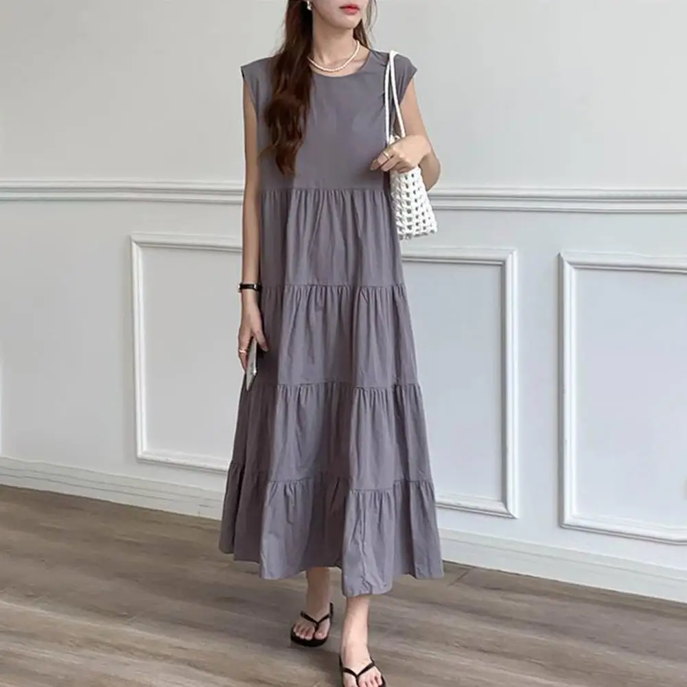 

Solid Color Dress Elegant Pleated Patchwork Chiffon Midi Dress for Wear Dating O Neck A-line Summer Dress with Big Hem Design