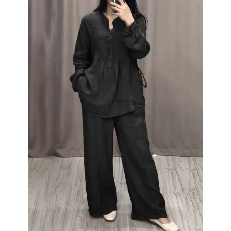 Women\'s Spring Fall 2 Piece Set Fashion Office Lady Cotton Linen Long-sleeve Casual Pleated Wide-leg Pants Suit Women Clothing