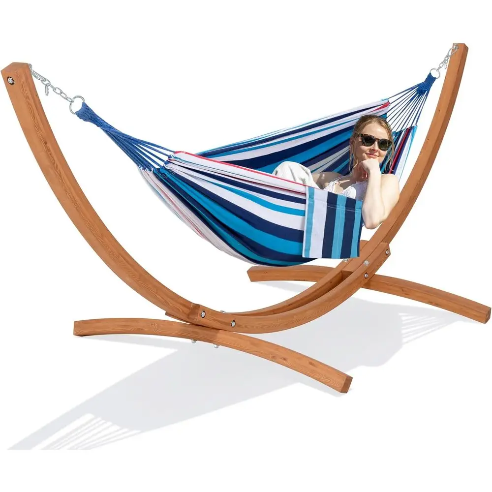 Outdoor Hammock with Stand Included, Portable Hammock with 10 ft Wooden Stand, Blue Stripes