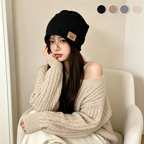 Korean Style Knit Beanie Hat Oversized Face Slimming Slouchy Skull Cap Stretch Warm Winter Hat for Women Casual Streetwear
