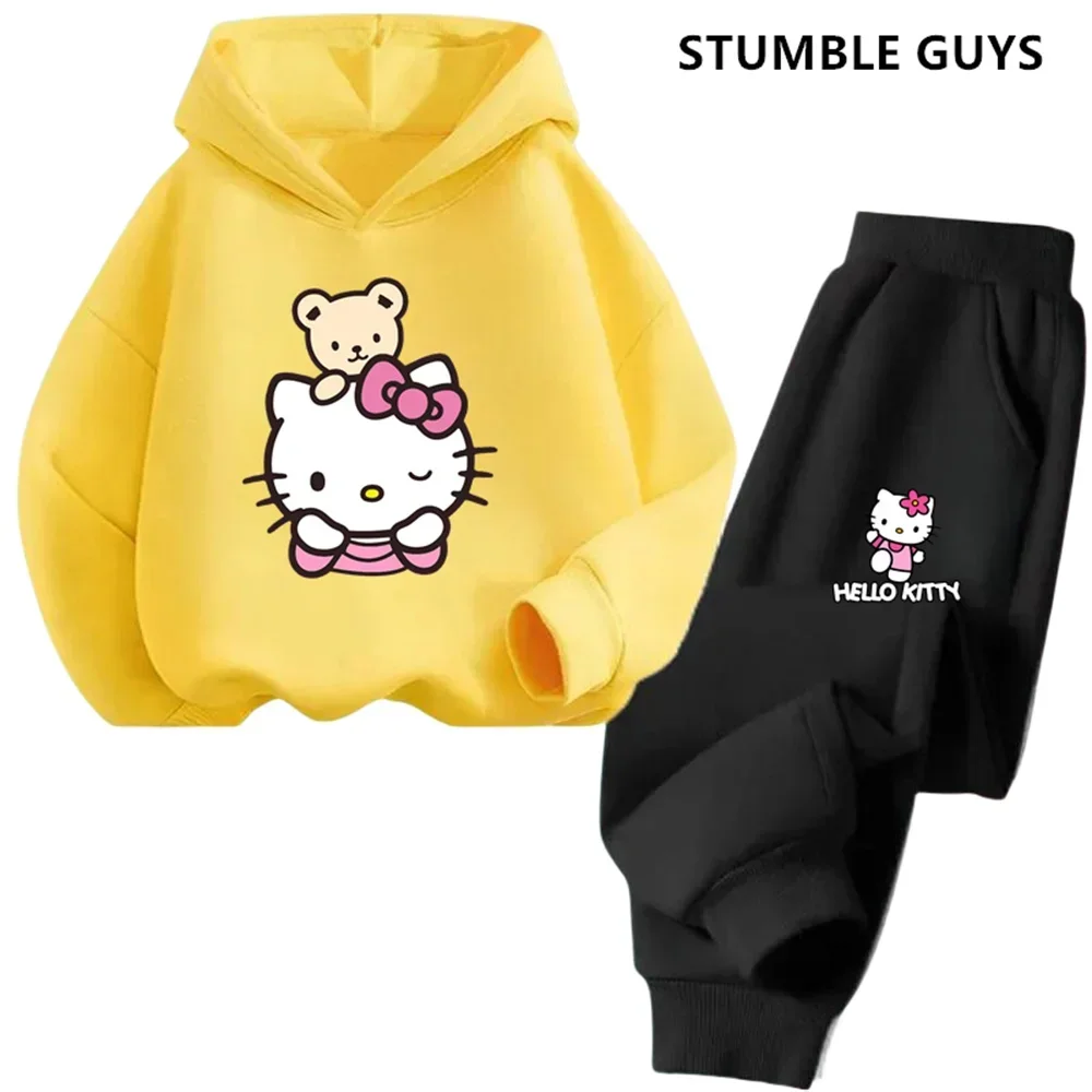 Hello Kitty Boys Girls Hoodie Trousers Set Children\'s Trucksuit Sweatshirt + Sweatpants Two-piece Fashion Set 3-14T Kids Suit