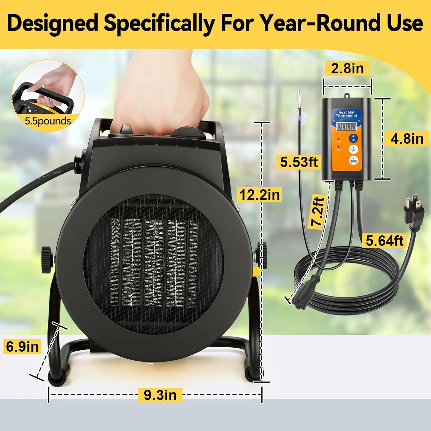 

Greenhouse Heater with Thermostat, Outdoor Heaters for Patio, 3 Modes for PTC Ceramic Fast Heating, Overheat Protection,Hot Sale