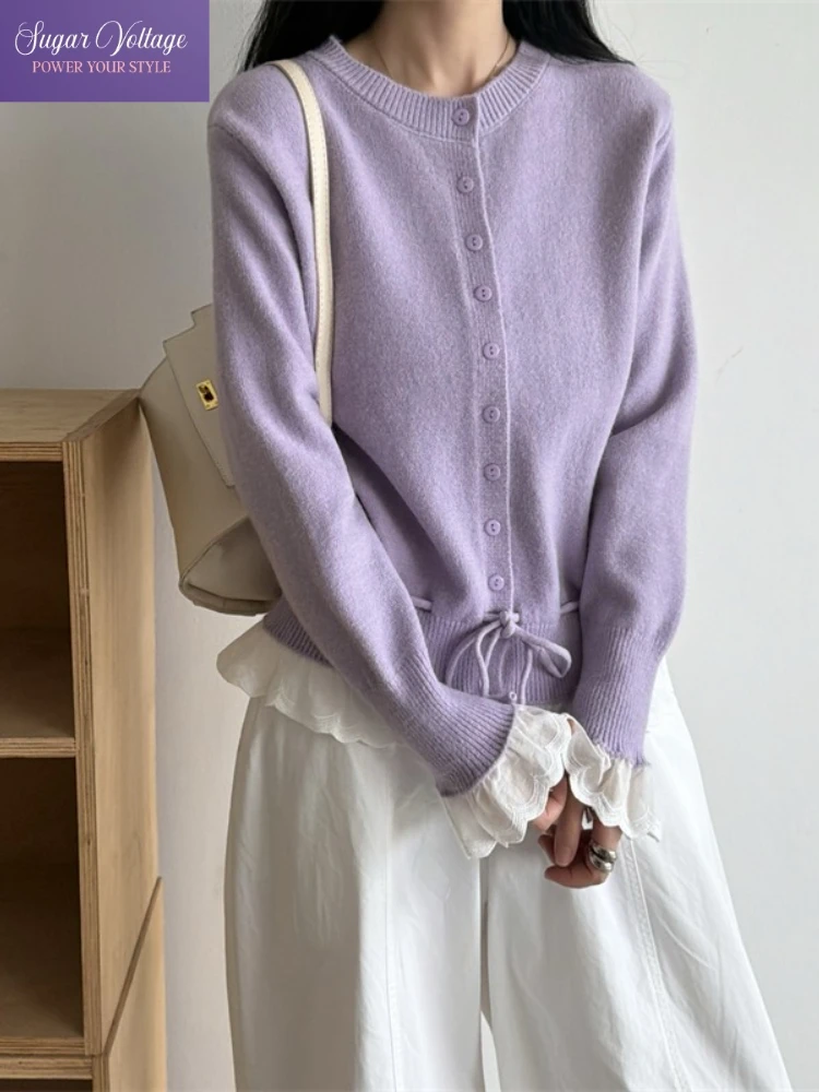 

Осенний винтажный модный вязаный мягкий свитер, женский свободный крой, кружевной кардиган с длинными рукавами и круглым вырезом на пуговицах, повседневные элегантные шикарные топы в стиле ретро