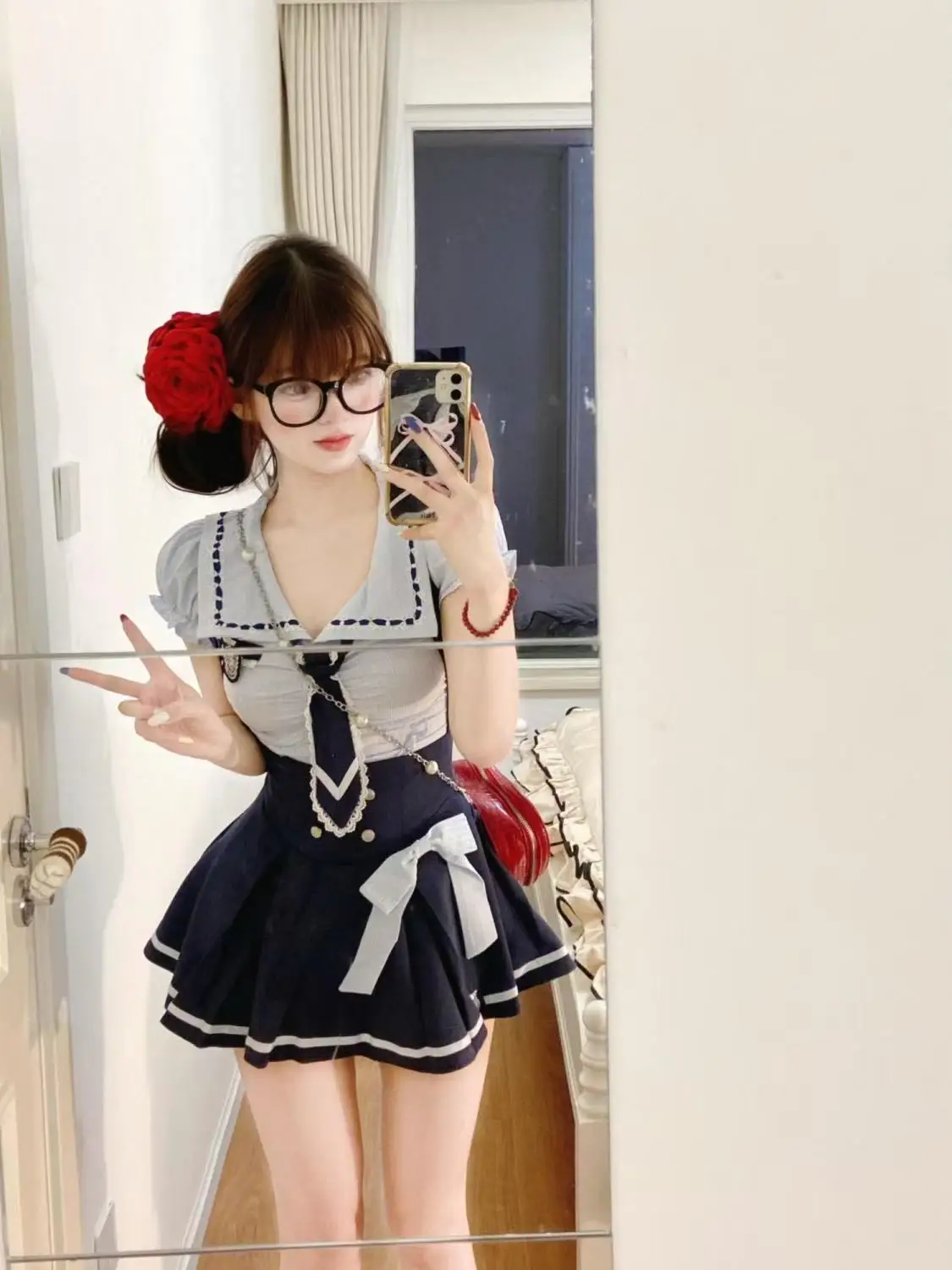 

Sweet Summer Slimming High Waist Half Skirt Shirt And Top Set College Style Print Short Sleeve Women's Fashion Ensemble