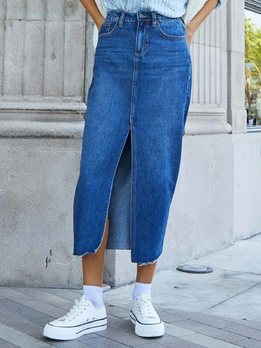 

Women High Waist Long Denim Skirt Elegant Slit Raw Hem A-Line Summer Casual Midi Jean Skirts with Pockets