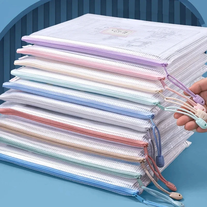 Bolsas de malla transparentes impermeables con cremallera, organizador de documentos de viaje de plástico A4/A5, suministros de oficina, color aleatorio