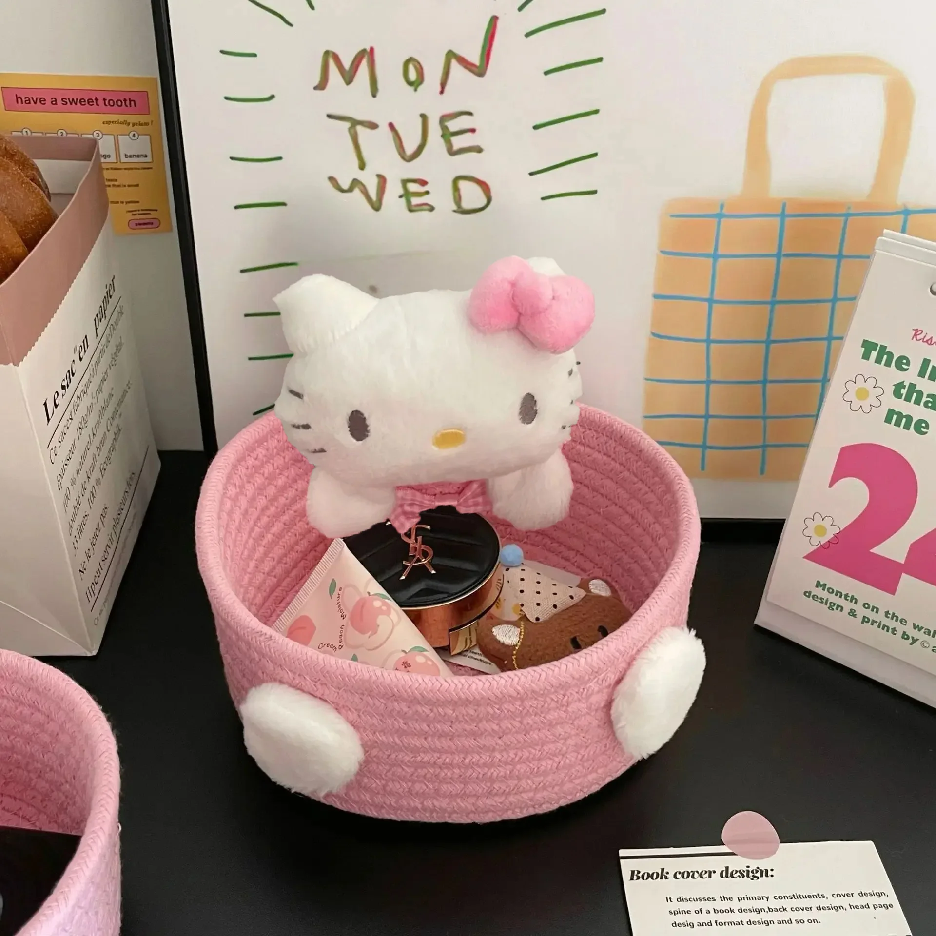 Caja de Cosméticos de Hello Kitty para el 50 Aniversario, Accesorios Hechos a Mano, Cesta Organizadora de Cuerda de Algodón Tejida, Adorable Regalo para Escritorio