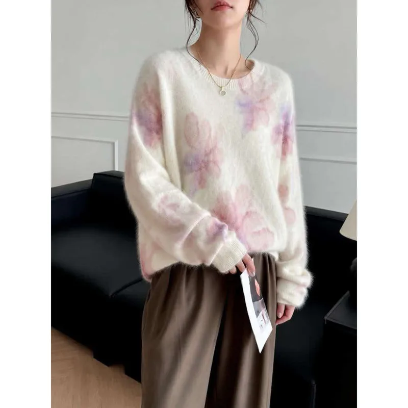 Women Gradient Tie Dye Fuzzy Knit Sweater 91.1% Wool 4%Cashmere Seamless Loose Round Neck Pullovers Autumn Winter