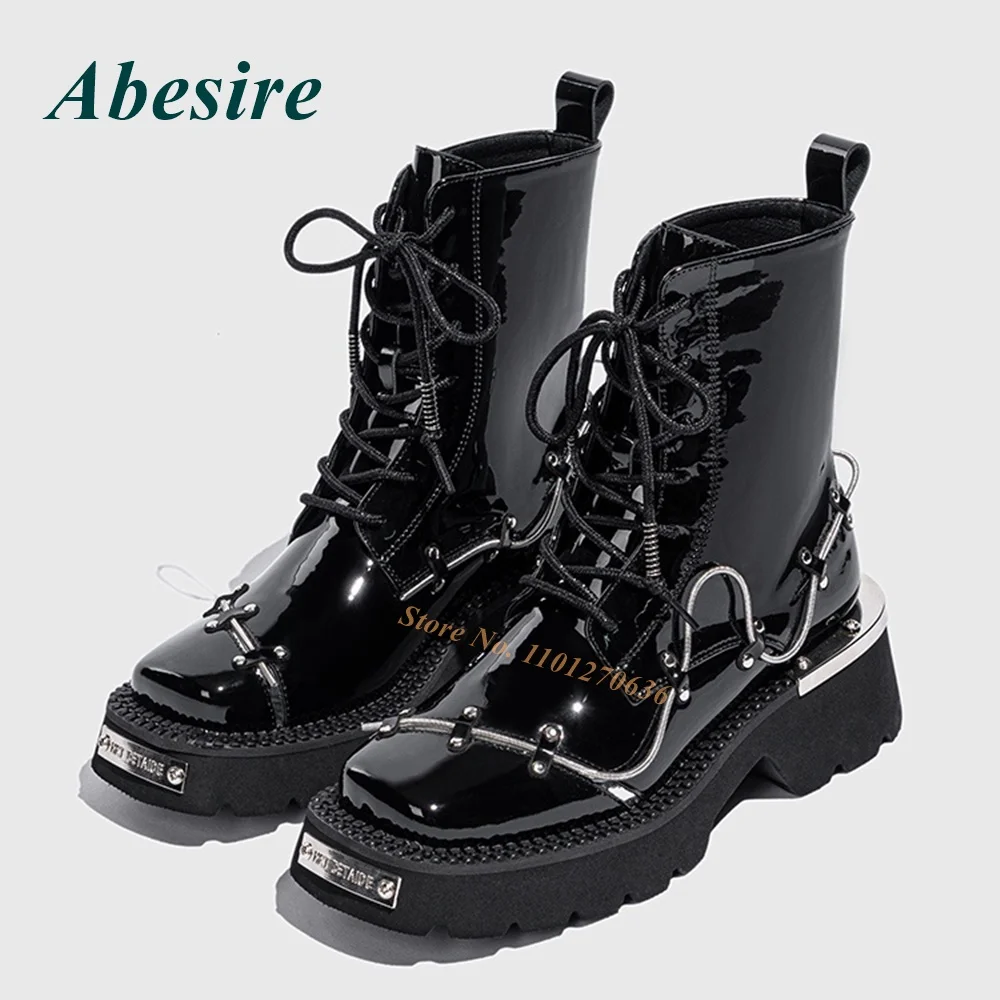 

Lace Up Metal Boots Square Toe Increasing Height Spring Cross Tied Ankle Women Booties Autumn Black Solid Glossy Casual