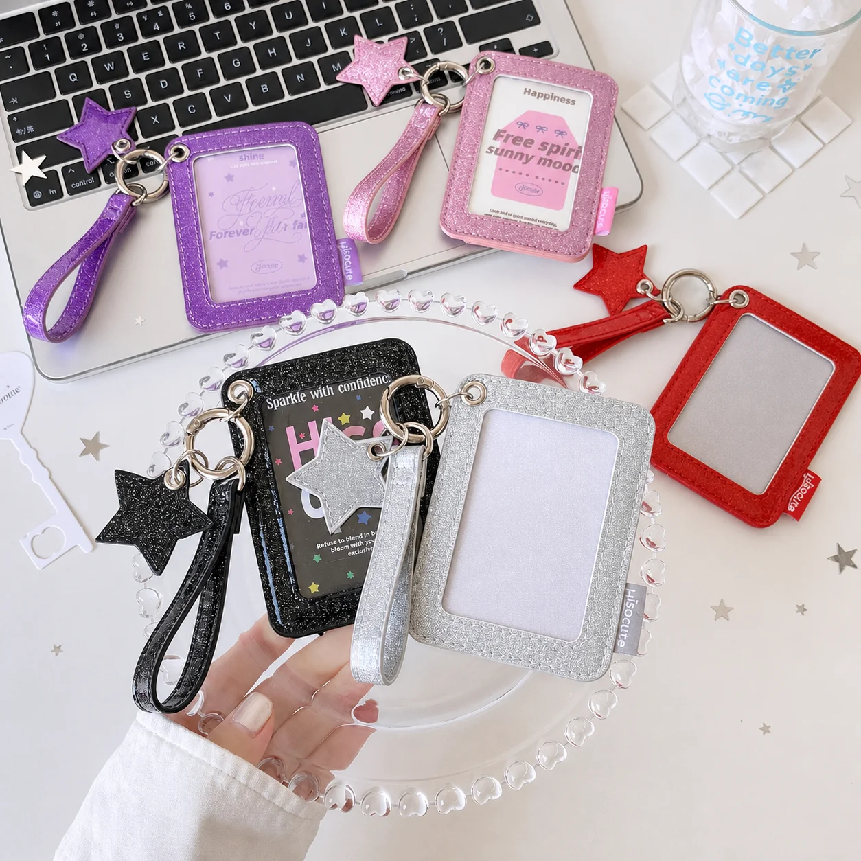 Glitter Pu 2 Layer Card Holder With Star Charm Wrist Strap,Photocard Id Card Protector Keychain Bag Pendant Stationery Supplies