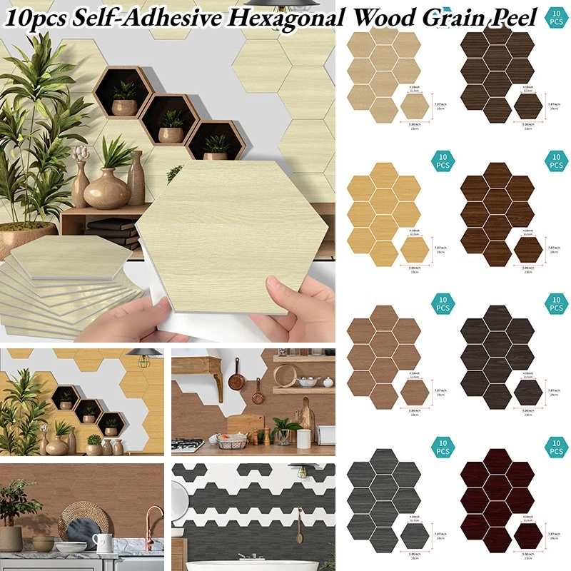 10Pcs Hexagonal Wood Grain Foam Wall Stickers Waterproof Oil-Proof Tile Stickers Garden Home Décor Decals Stickers Vinyl