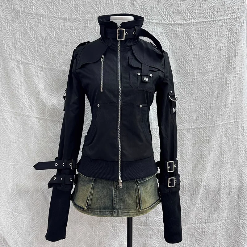2026 Spring Autumn Retro Fashion Punk Casual Style Strap Rivet Women's Coat Jacket Original Design Motorcycle women's top jacket