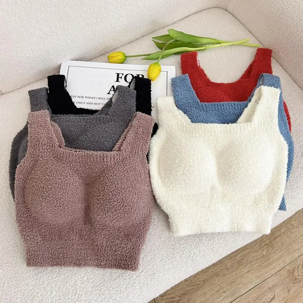 Thermal Top Warm Fleece Vest with Chest Pads for Women Square Neck Crop Top with High Elasticity Bottoming Winter Autumn Fashion