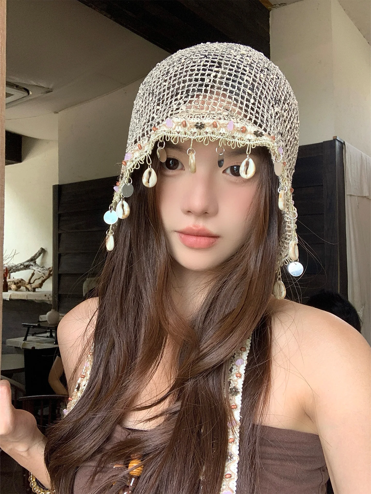 Bohemian Style  Tassel Hollow out Spring Summer Thin Breathable Women's Overhead Hat Face Slimming Casual Knit Cap