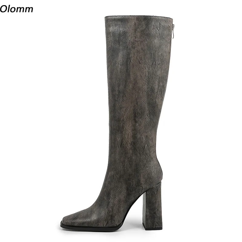 

Olomm/женские зимние сапоги ручной работы на молнии сзади, элегантные серые вечерние туфли на массивном каблуке с квадратным носком, женские большие размеры США 5-13
